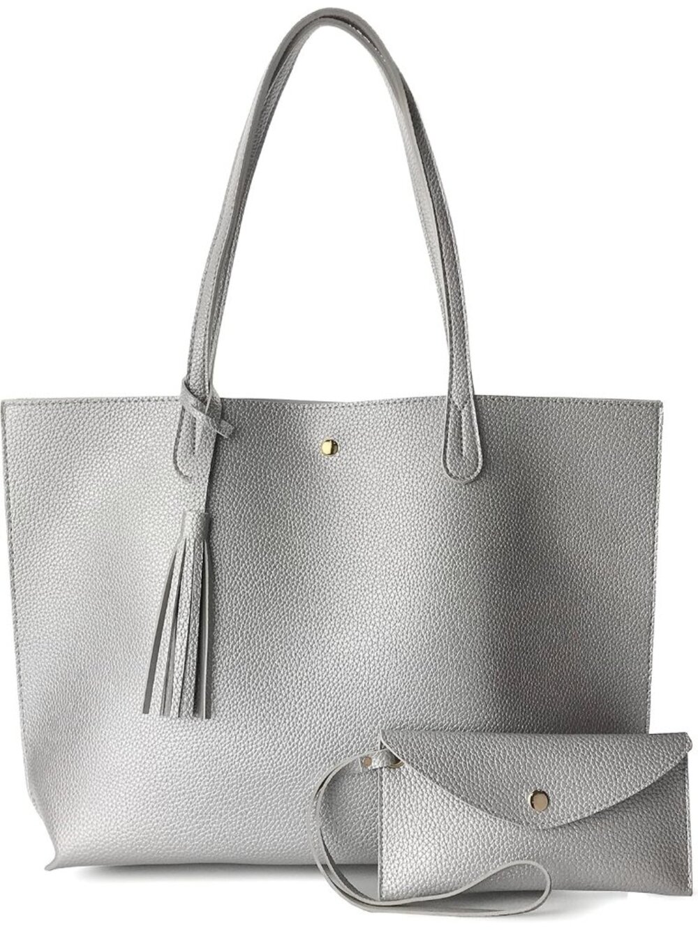 Women's Silver Faux Leather Minimalist Clean Cut Pebbled Shoulder Tote Bags